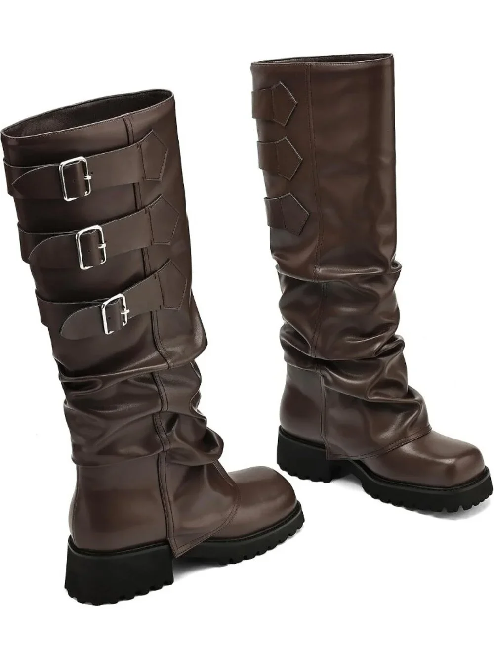Women's Dark Brown Block Heeled Square Toe Fold Over Knee High Moto Riding Boots